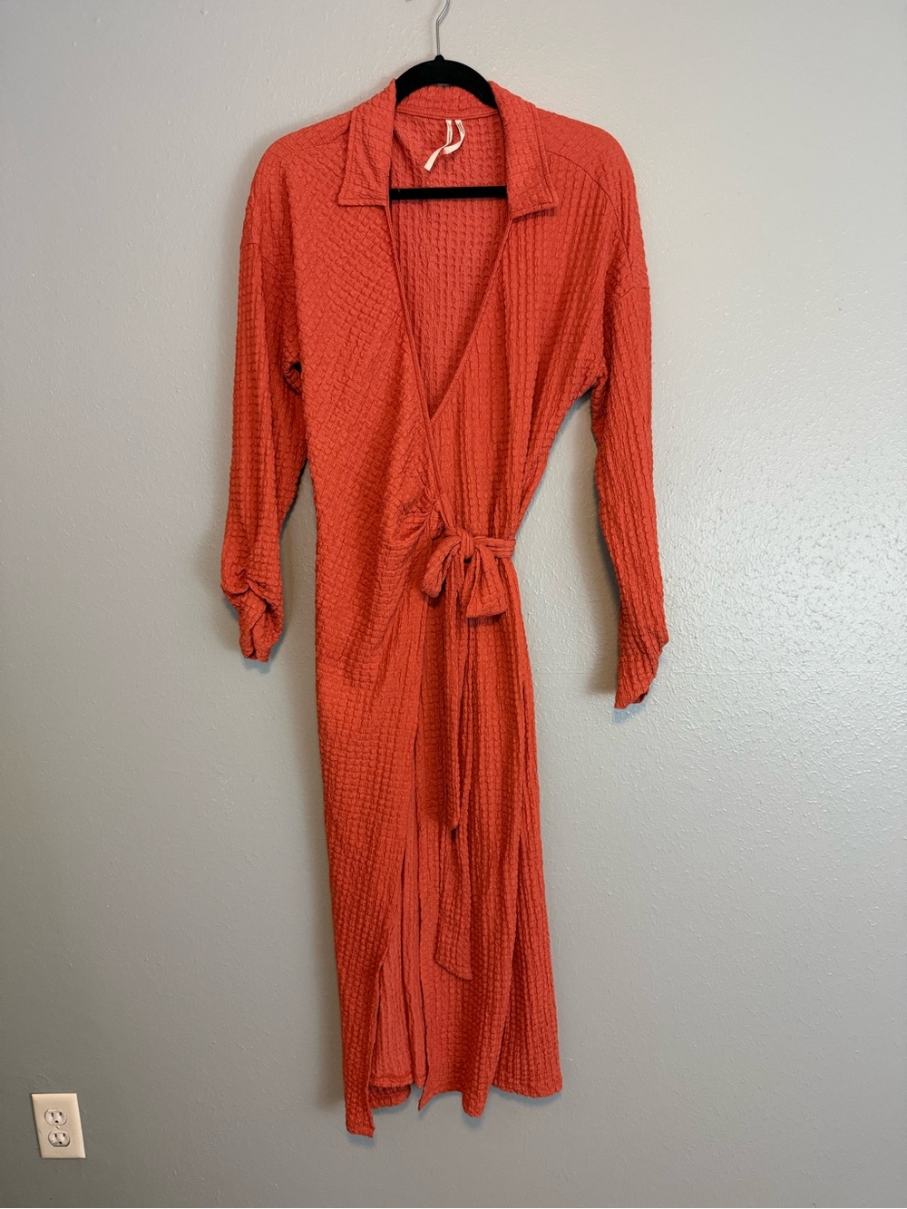 By Anthropologie Orange Textured Belted Wrap Midi Dress Size L
